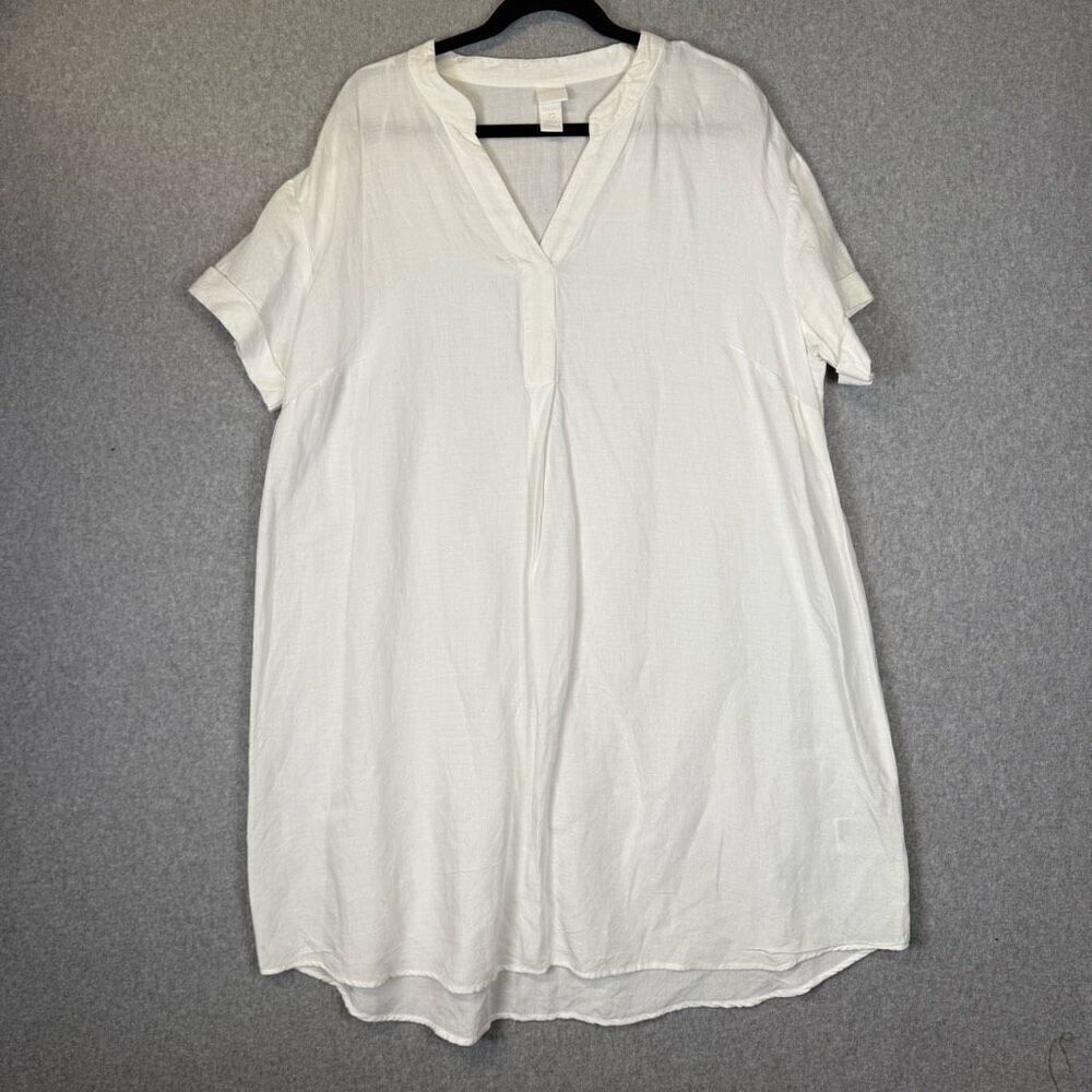 H&M Womens Medium Linen Blend Popover Tunic Top Ivory Beach Cover Up Split Neck